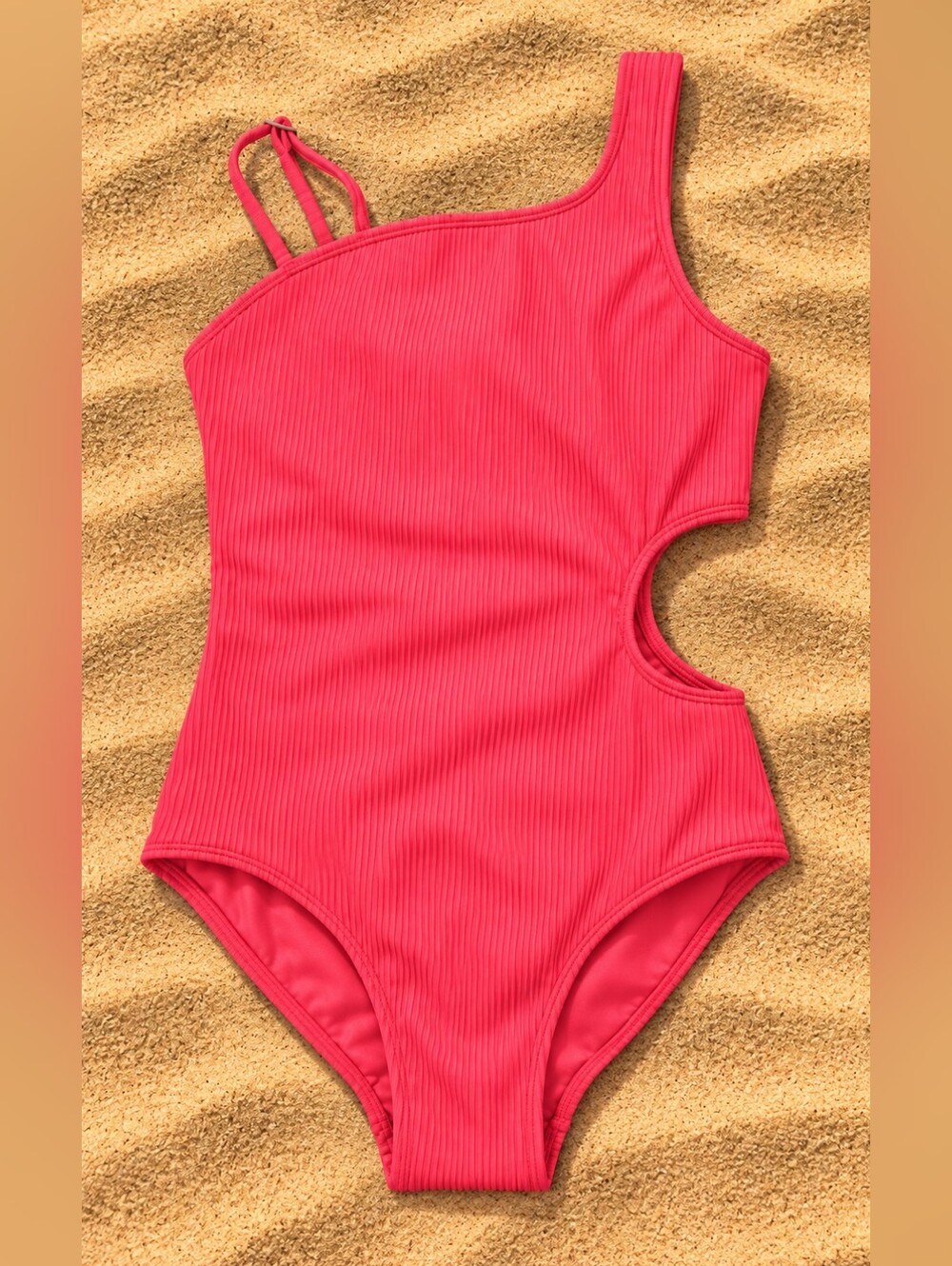 Kanu Surf Girls Size 8 Red Ribbed One Shoulder Cutout Swimsuit NWT